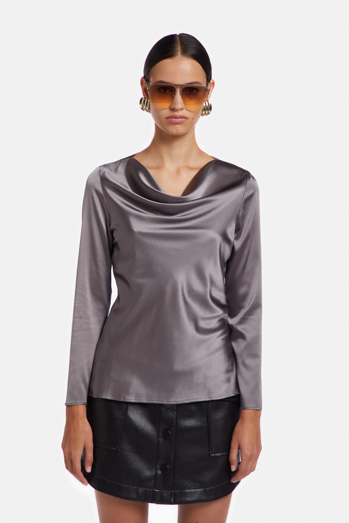Long Sleeve Blouse with Draped Collar