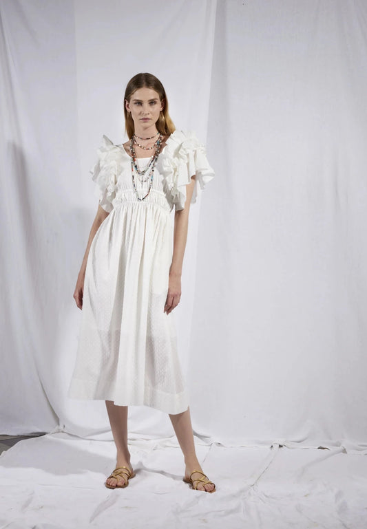 Midi Dress With Frill Sleeves - Elastic